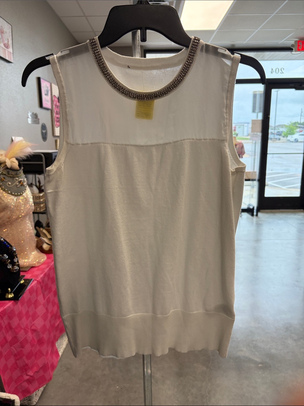 Sleeveless Embellished-Neck White Tank Top